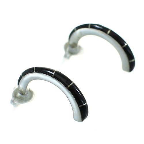 Southwestern Sterling Silver Jet Inlay Post Hoop Earrings RX65742