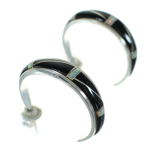 Jet Opal Inlay Genuine Sterling Silver Post Hoop Earrings RX65750