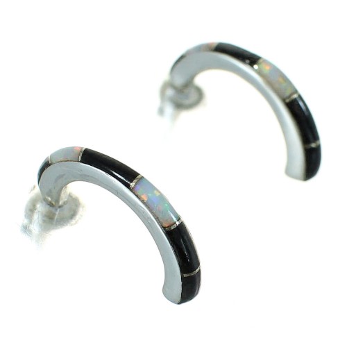 Genuine Sterling Silver Jet Opal Inlay Post Hoop Earrings RX65753