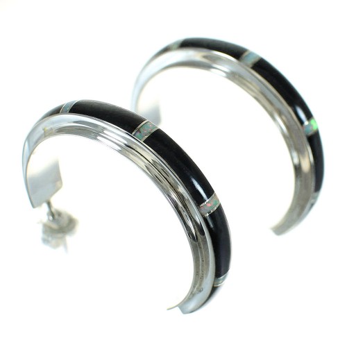 Southwest Sterling Silver Jet Opal Inlay Post Hoop Earrings RX65760