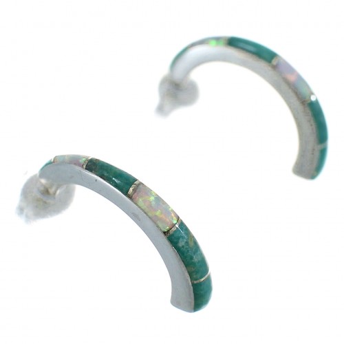 Opal And Turquoise Inlay Genuine Sterling Silver Post Hoop Earrings RX66007