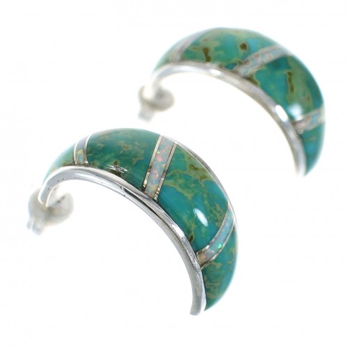 Turquoise Opal Inlay Authentic Sterling Silver Post Hoop Earrings RX66036