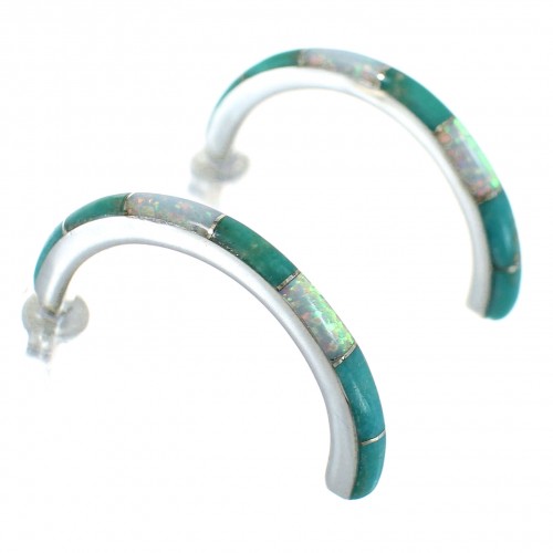 Sterling Silver Turquoise Opal Inlay Post Hoop Earrings RX66040