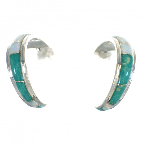 Turquoise Opal Genuine Sterling Silver Post Hoop Earrings RX66066
