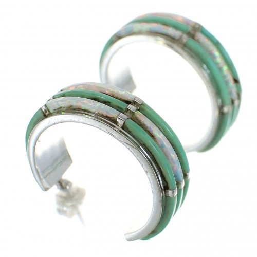 Genuine Sterling Silver Turquoise Opal Inlay Post Hoop Earrings RX66083