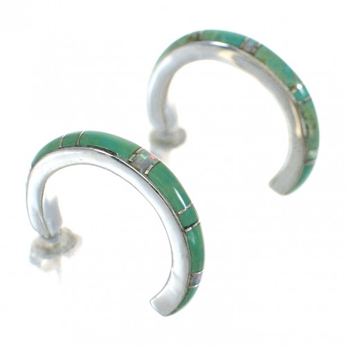 Southwest Sterling Silver Turquoise Opal Inlay Post Hoop Earrings RX66178