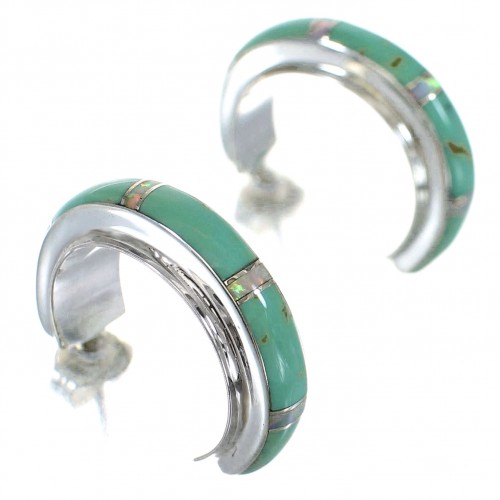 Turquoise And Opal Inlay Southwestern Sterling Silver Post Hoop Earrings RX66213