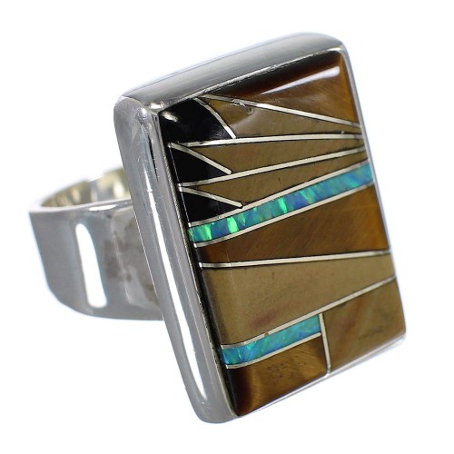 Authentic Sterling Silver Multicolor Inlay Ring Size 7 RX82180