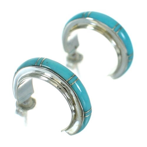 Turquoise Inlay Silver Southwest Post Hoop Earrings AX66382