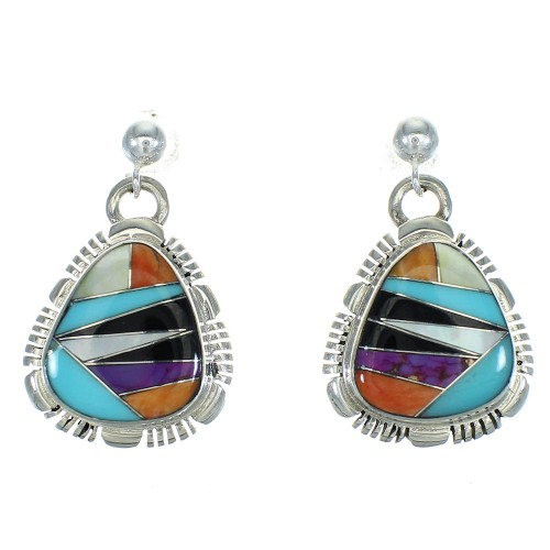 Multicolor Inlay Southwest Sterling Silver Post Dangle Earrings AX71401