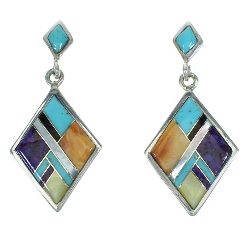 Southwestern Multicolor Inlay Sterling Silver Post Dangle Earrings AX71421