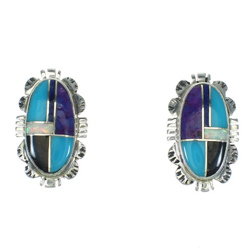 Multicolor Inlay Silver Post Earrings AX71424