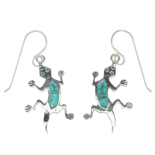 Turquoise Lizard Southwest Silver Hook Dangle Earrings AX67599