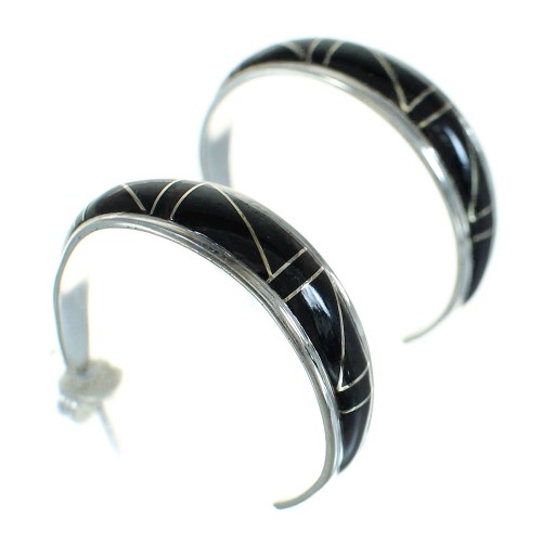 Southwestern Sterling Silver And Jet Inlay Post Hoop Earrings WX66594