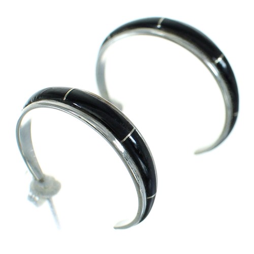 Southwest Jet Inlay And Sterling Silver Post Hoop Earrings WX66595