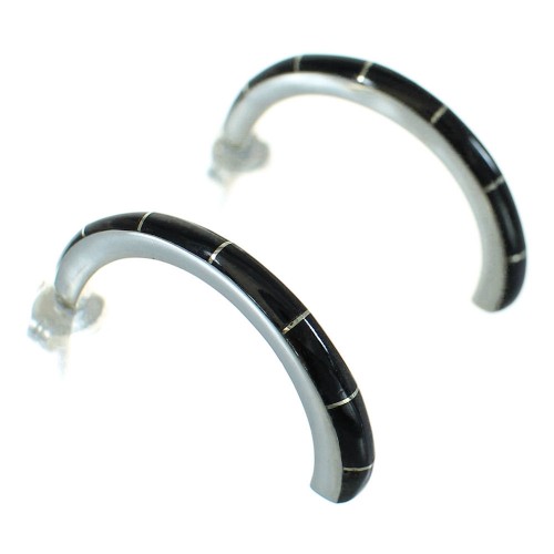 Sterling Silver And Jet Inlay Southwestern Post Hoop Earrings WX66621