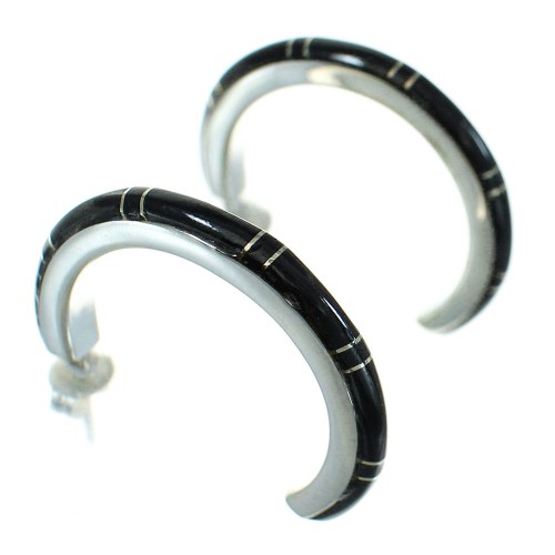 Southwest Genuine Sterling Silver And Jet Inlay Post Hoop Earrings WX66622