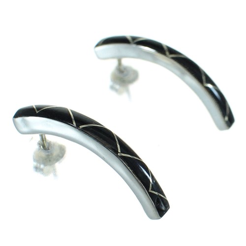 Jet Inlay And Genuine Sterling Silver Southwest Post Hoop Earrings WX66626