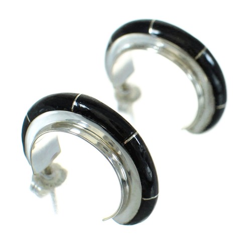 Jet Inlay And Genuine Sterling Silver Southwestern Post Hoop Earrings WX66628