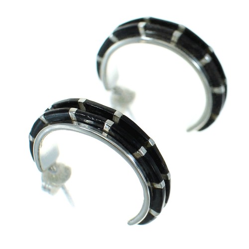 Authentic Sterling Silver And Jet Inlay Southwestern Post Hoop Earrings WX66632