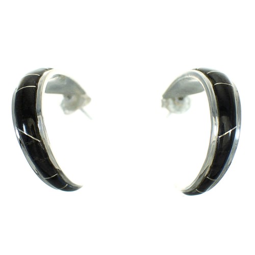 Southwestern Jet Inlay And Authentic Sterling Silver Post Hoop Earrings WX66637