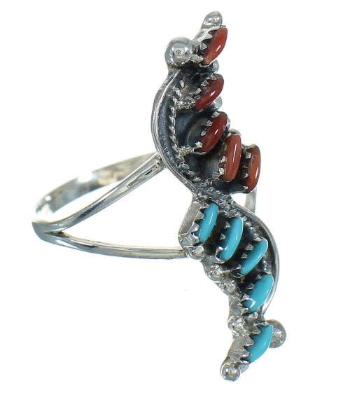 Turquoise And Coral Needlepoint Sterling Silver Southwestern Ring Size 7-1/2 WX74830