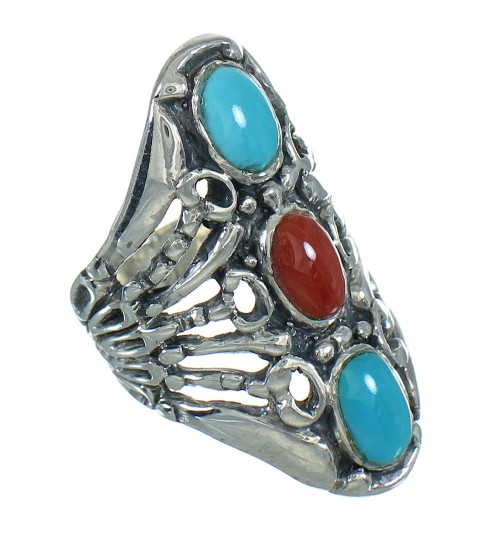 Turquoise And Coral Southwestern Sterling Silver Ring Size 7-3/4 WX74855