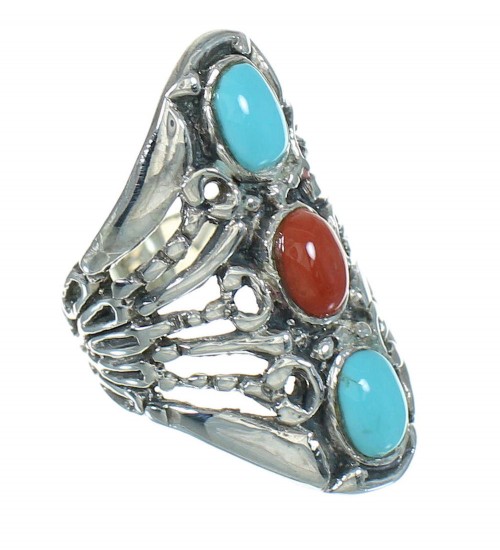 Coral And Turquoise Sterling Silver Southwestern Ring Size 7-3/4 WX74893