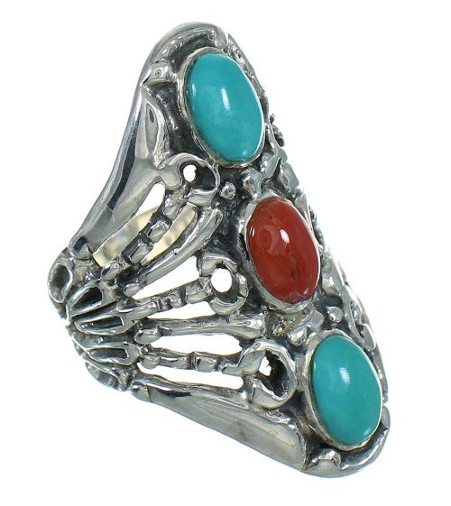 Southwest Sterling Silver Coral And Turquoise Ring Size 5-1/2 WX74899