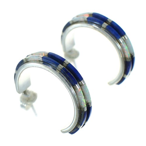 Lapis Opal Genuine Sterling Silver Southwest Post Hoop Earrings RX65688