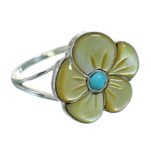 Sterling Silver Turquoise And Yellow Mother Of Pearl Flower Southwestern Ring Size 5-1/4 YX67143