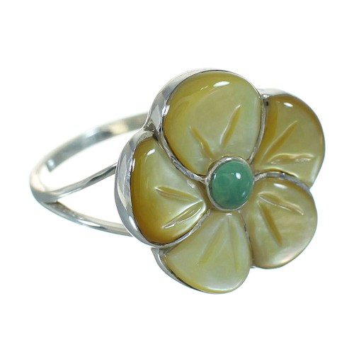 Southwestern Turquoise And Yellow Mother Of Pearl Flower Sterling Silver Jewelry Ring Size 8-1/2 YX67178