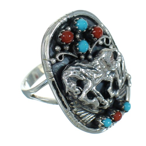 Silver Southwestern Turquoise Coral Horse Ring Size 5-3/4 QX72518