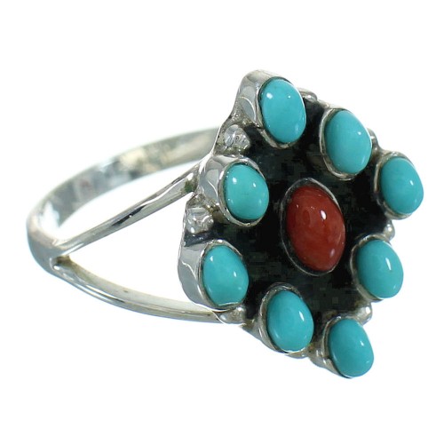 Sterling Silver Southwestern Turquoise Coral Ring Size 5-1/2 QX73691