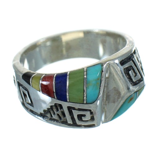 Southwestern Genuine Sterling Silver Water Wave Multicolor Inlay Ring Size 7 QX74626