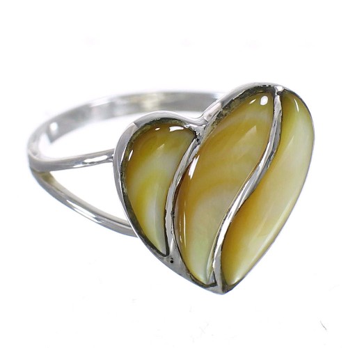 Yellow Mother Of Pearl And Silver Heart Southwest Ring Size 7-1/4 WX67000