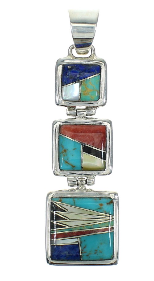 Multicolor Inlay And Authentic Sterling Silver Southwestern Pendant YX67486
