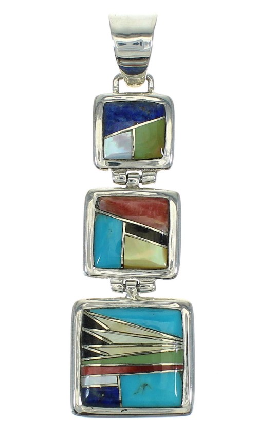 Multicolor Inlay And Authentic Sterling Silver Southwest Slide Pendant YX67487