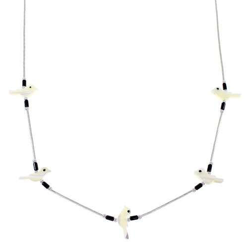 Mother Of Pearl And Onyx Fetish Bird Liquid Silver Necklace WX69174