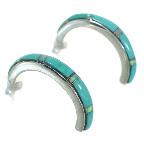 Sterling Silver Opal Turquoise Post Hoop Earrings YX71304