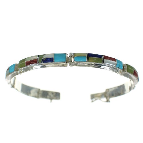 Southwest Sterling Silver Multicolor Inlay Link Bracelet RX68402