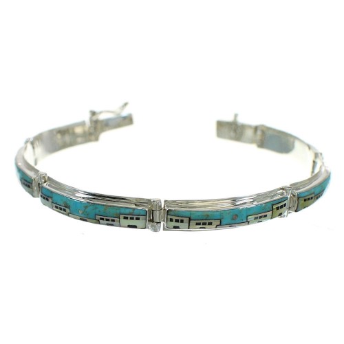 Sterling Silver Native American Pueblo Design Multicolor Link Bracelet RX68406