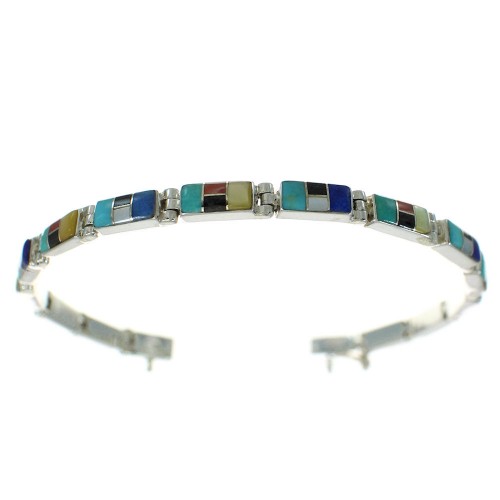 Multicolor Inlay Southwestern Sterling Silver Link Bracelet RX68425