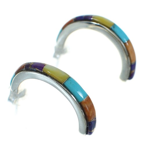 Silver Multicolor Southwestern Post Hoop Earrings YX71327