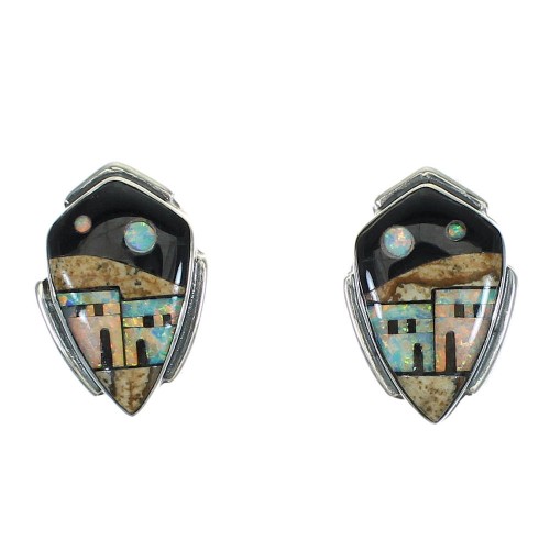 Native American Village Design Multicolor Silver Southwest Post Earrings YX71372