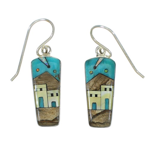 Native American Village Design Multicolor Sterling Silver Southwestern Hook Dangle Earrings YX71407