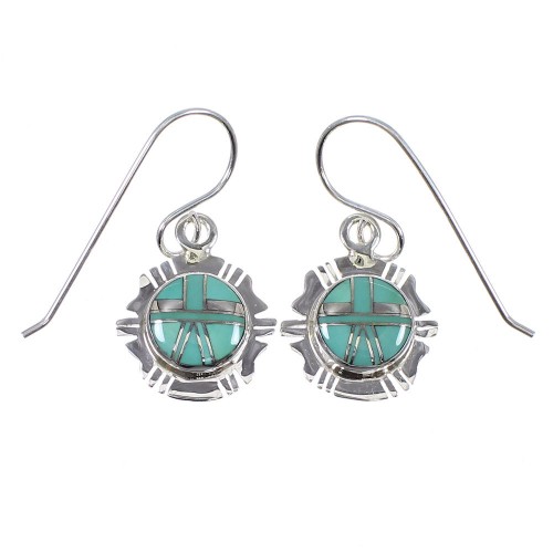 Southwestern Turquoise Inlay Genuine Sterling Silver Hook Dangle Earrings RX78663