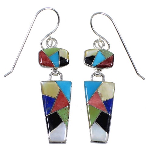 Southwest Sterling Silver Multicolor Inlay Hook Dangle Earrings RX81752