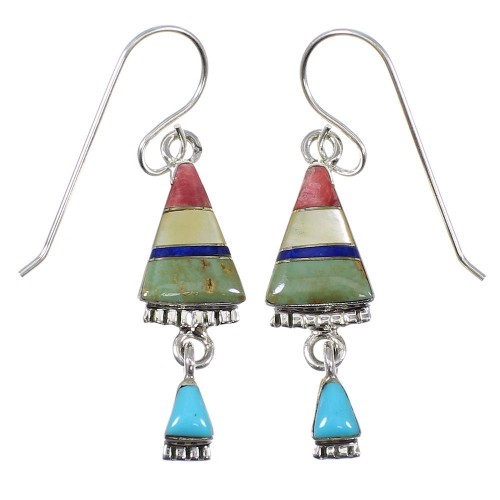 Southwestern Sterling Silver Multicolor Inlay Hook Dangle Earrings RX81790