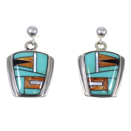 Sterling Silver Multicolor Inlay Southwest Post Dangle Earrings RX82049